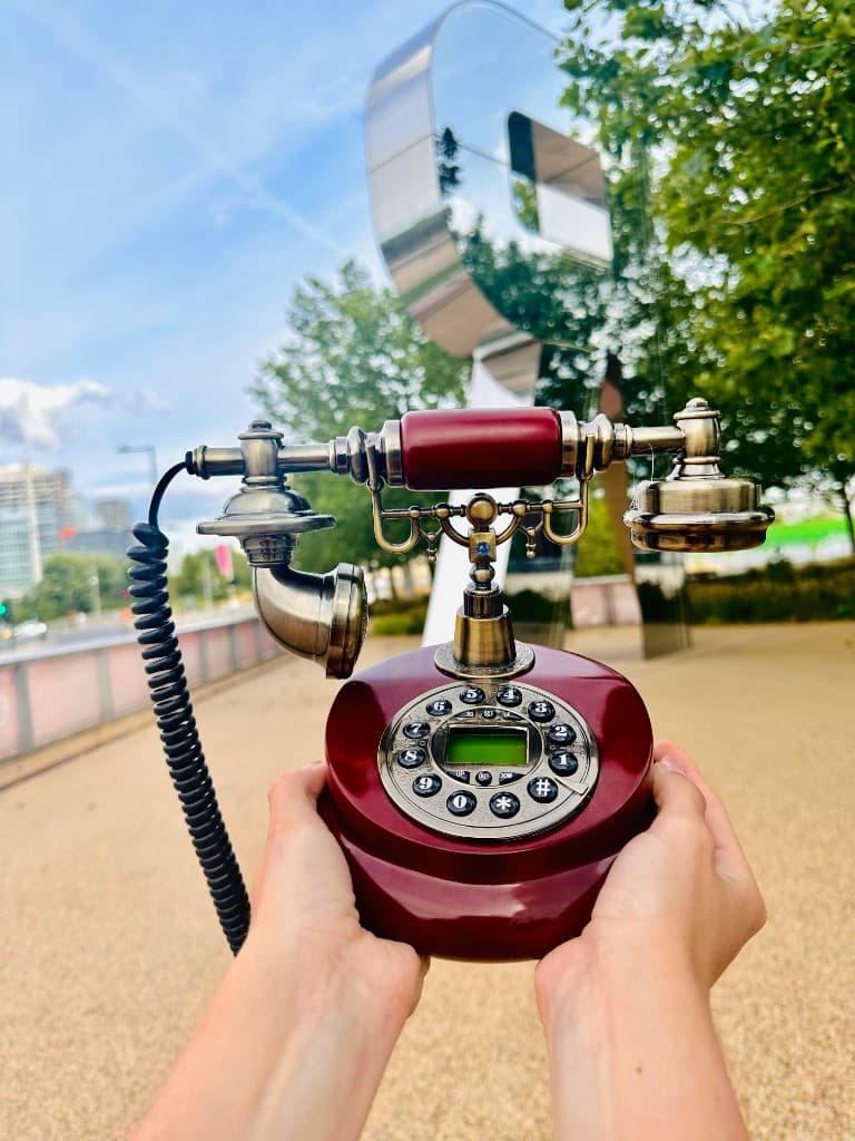A burgundy candlestick telephone held in both hands